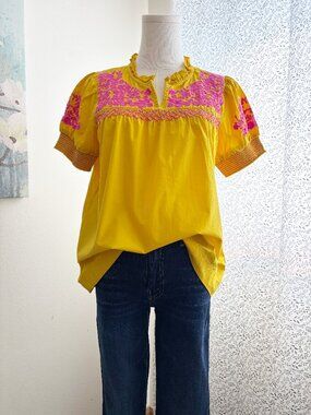 J.Crew Re-Imagined Popover Blouse Size Small Yellow Pink Embroidered Cotton Boho